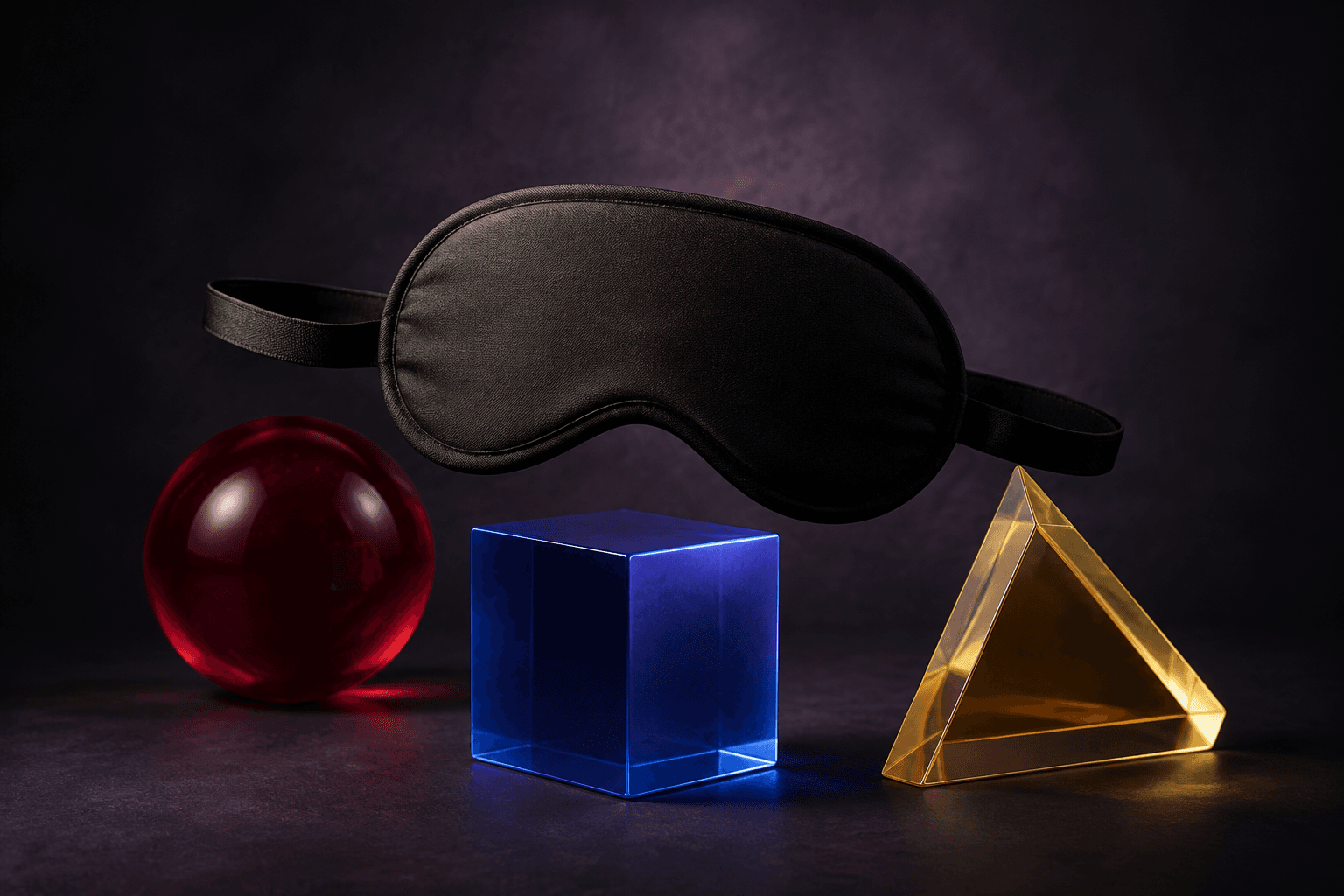 A sculptural black blindfold suspended between translucent red, blue, and gold geometric objects