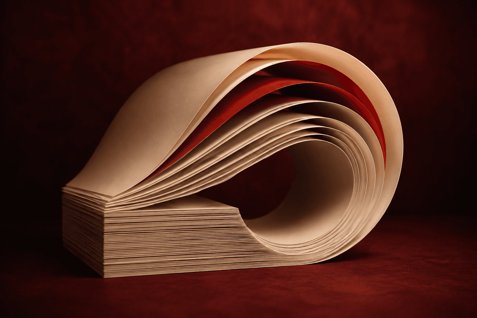Sculptural ivory document pages with one vermilion sheet, representing a change between versions