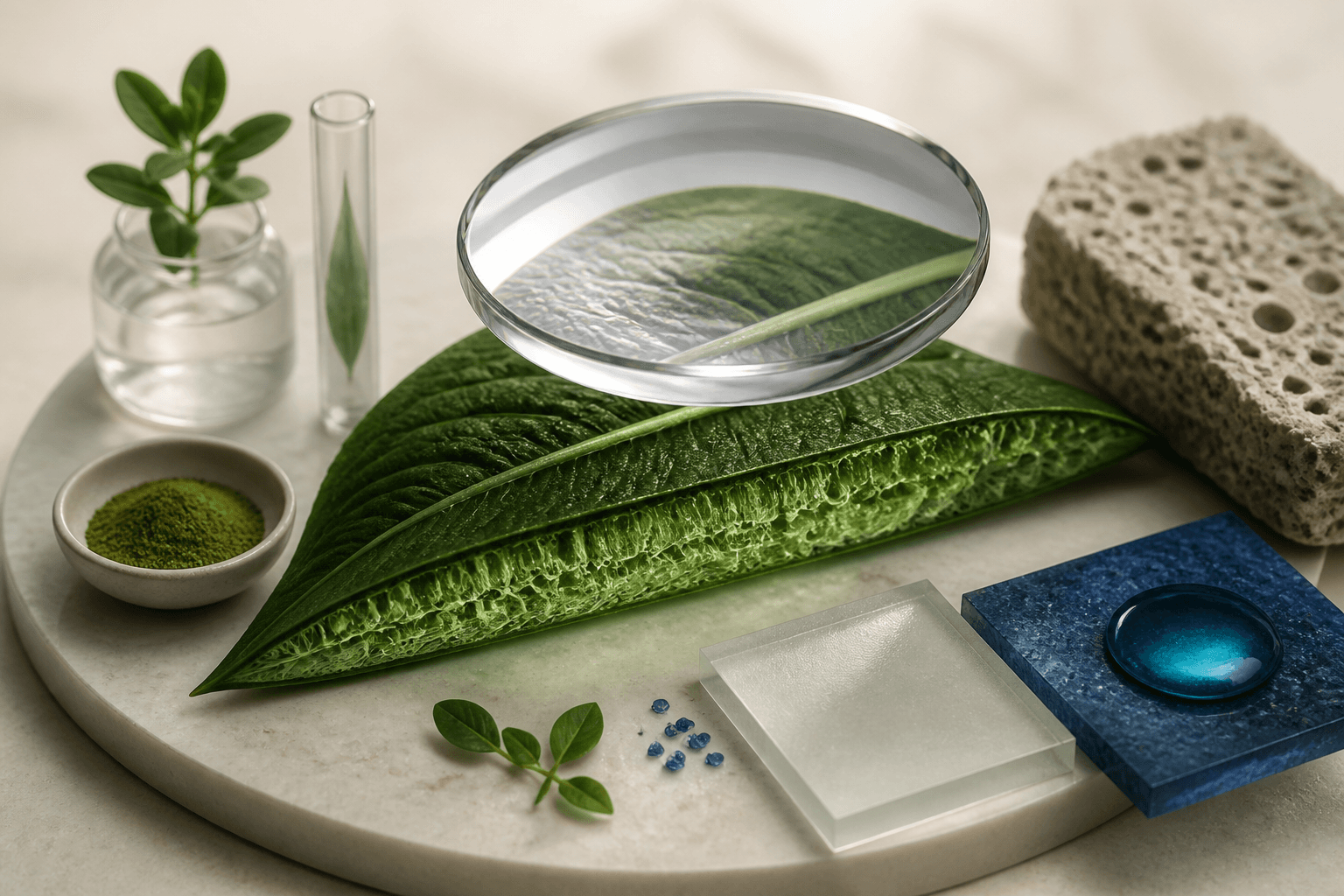 A glass lens over a botanical leaf and research materials in a sculptural still life
