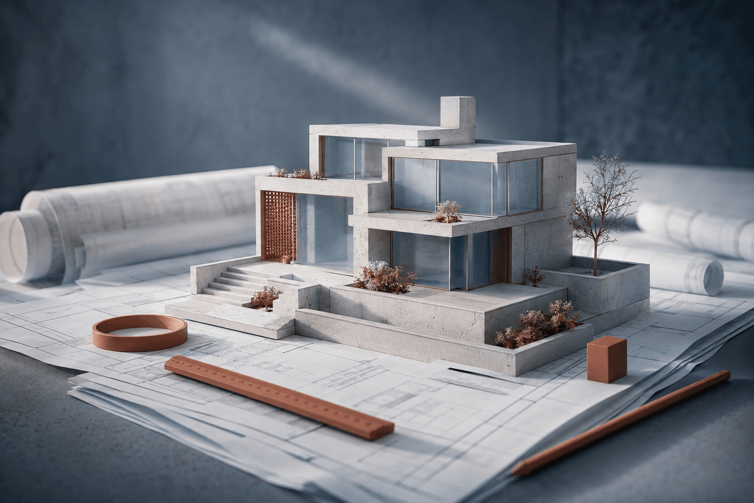 A precise architectural model above drafting plans, made from pale concrete and frosted blue glass