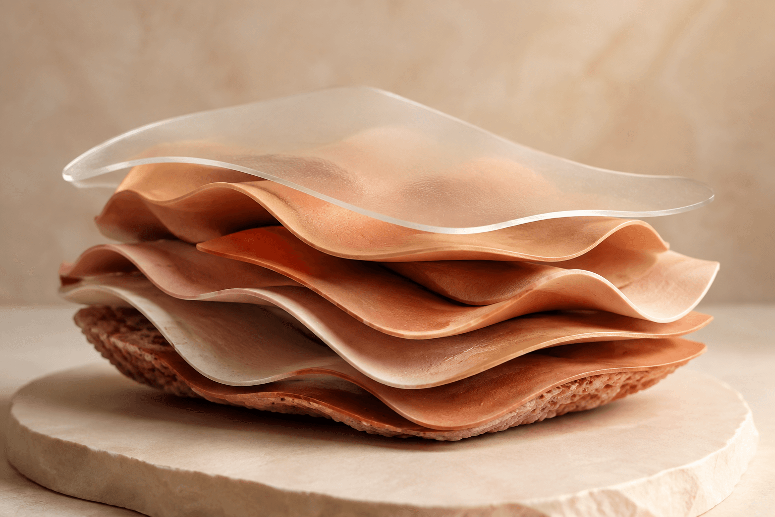 Layered terracotta and peach ceramic ribbons beneath translucent glass, inspired by skin and research